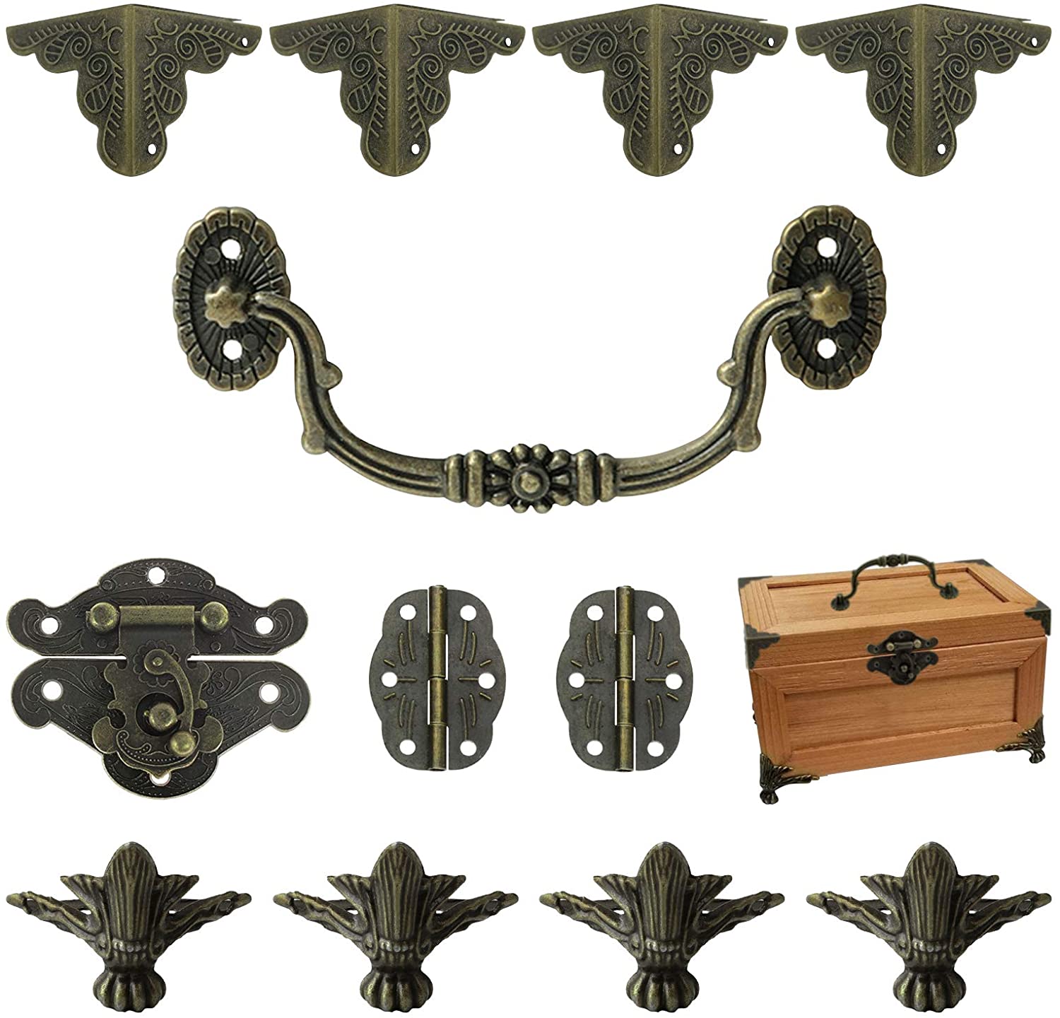 Jewelry Box Antique Lock Latch Hasp Hinges Handle Box Corner Protectors Kit  for DIY Jewelry Box Bronze, Wood Case Jewelry Chest Storage Box Feet Leg  Corner Protector, Box not Included 